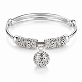 Elegant Silver-Tone Bangle Bracelet with Floral Engraved Design & Round Dangle Charm – Stylish Fashion Jewelry for Women