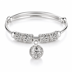Elegant Silver-Tone Bangle Bracelet with Floral Engraved Design & Round Dangle Charm – Stylish Fashion Jewelry for Women