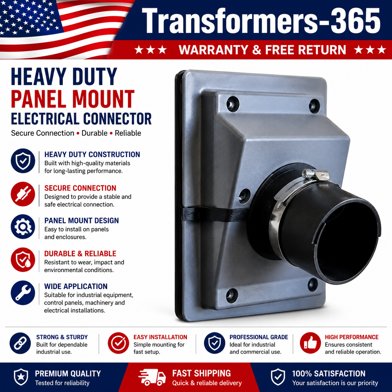 Heavy Duty Industrial Panel Mount Electrical Power Connector Receptacle – Durable Weather-Resistant Design