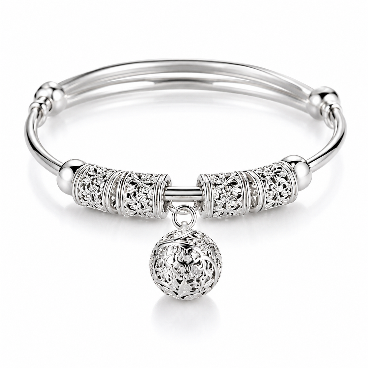 Elegant Silver-Tone Bangle Bracelet with Floral Engraved Design & Round Dangle Charm – Stylish Fashion Jewelry for Women