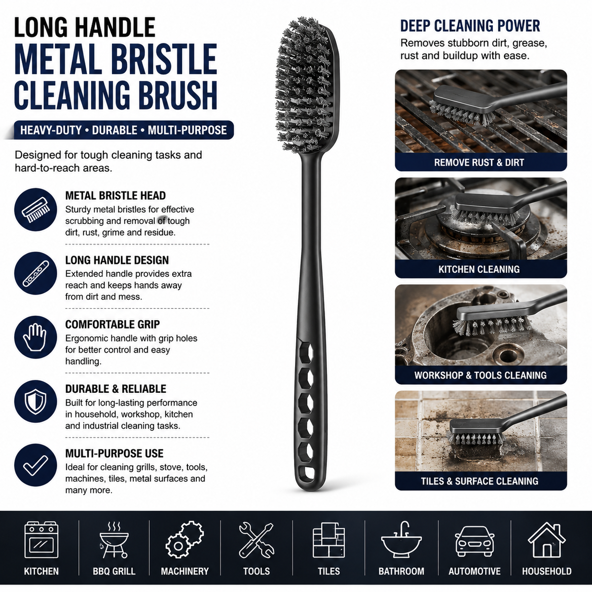 Long Handle Metal Bristle Cleaning Brush – Heavy-Duty Handheld Scrubbing Brush with Ergonomic Grip for Household, Kitchen, Workshop & General Cleaning