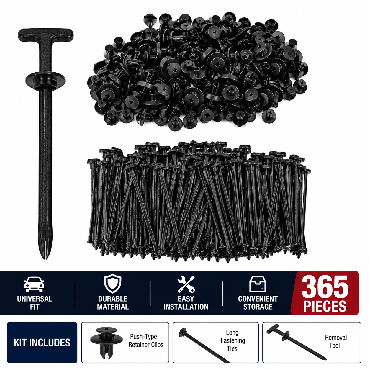 Universal Automotive Push-Type Retainer Clips & Fastener Assortment – Black Plastic Car Trim Panel Rivets with Installation Tool