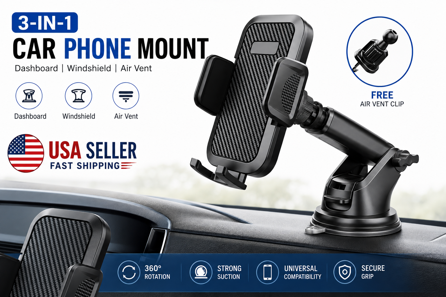 3-in-1 Car Phone Mount 360° Rotating Dashboard Windshield Air Vent Holder
