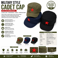 Military Style Cotton Cadet Cap with Red Star Embroidery – Unisex Flat Top Army-Style Hat for Casual Wear, Outdoor Activities & Everyday Fashion