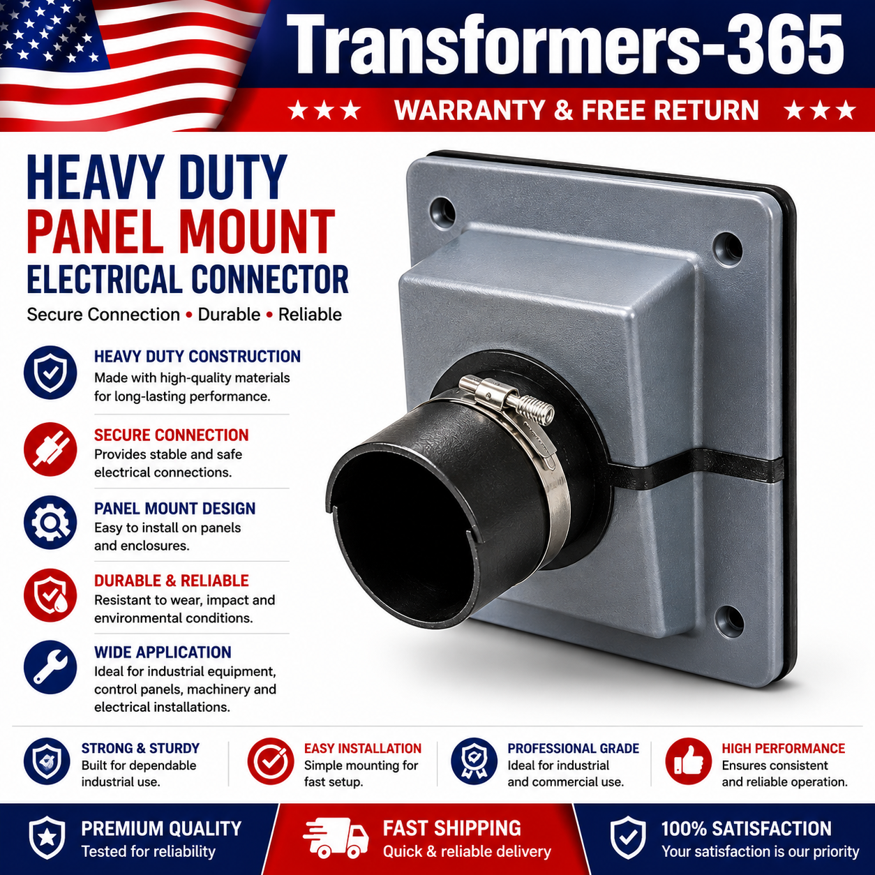 Heavy Duty Industrial Panel Mount Electrical Power Connector Receptacle – Durable Weather-Resistant Design
