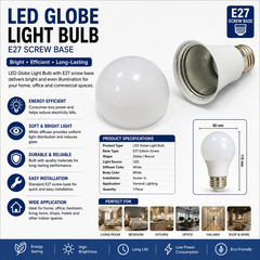 LED Globe Light Bulb with E27 Screw Base – Energy-Efficient White LED Lamp for Home, Office, Bedroom, Living Room & General Lighting