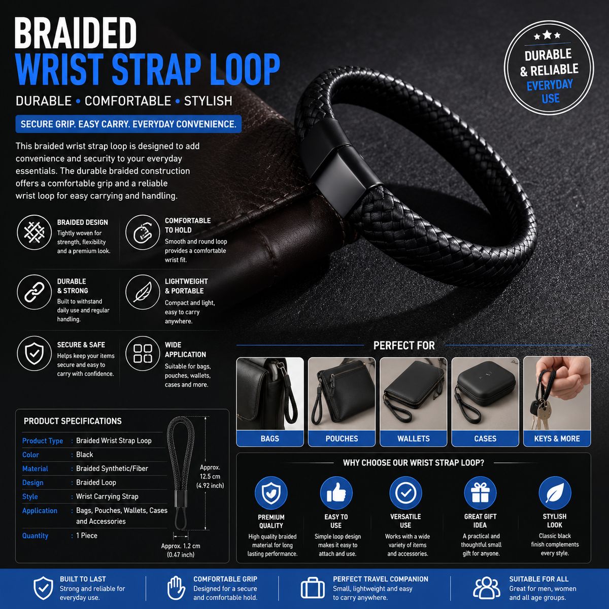 Braided Wrist Strap Loop – Durable Black Hand Strap for Bags, Wallets, Cases, Pouches & Personal Accessories